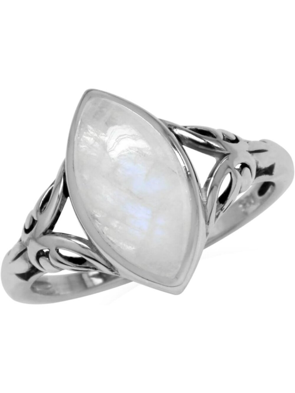 Natural Marquise Moonstone 925 Sterling Silver Filigree Statement Ring, Size 7
